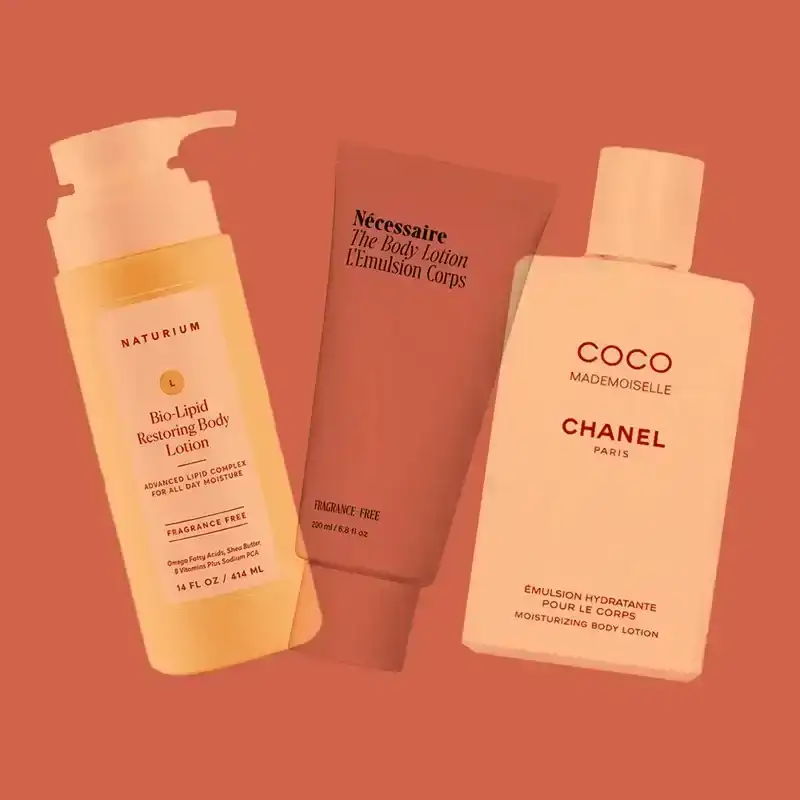 Best Body Lotion: a collage of Naturium, Necessaire, and Chanel body lotions on a red background