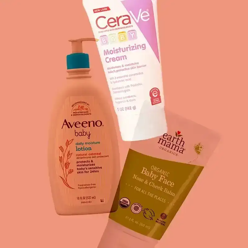 Best Baby Lotion: a collage of Aveeno, CeraVe, and Earth Mama lotions on a pink background