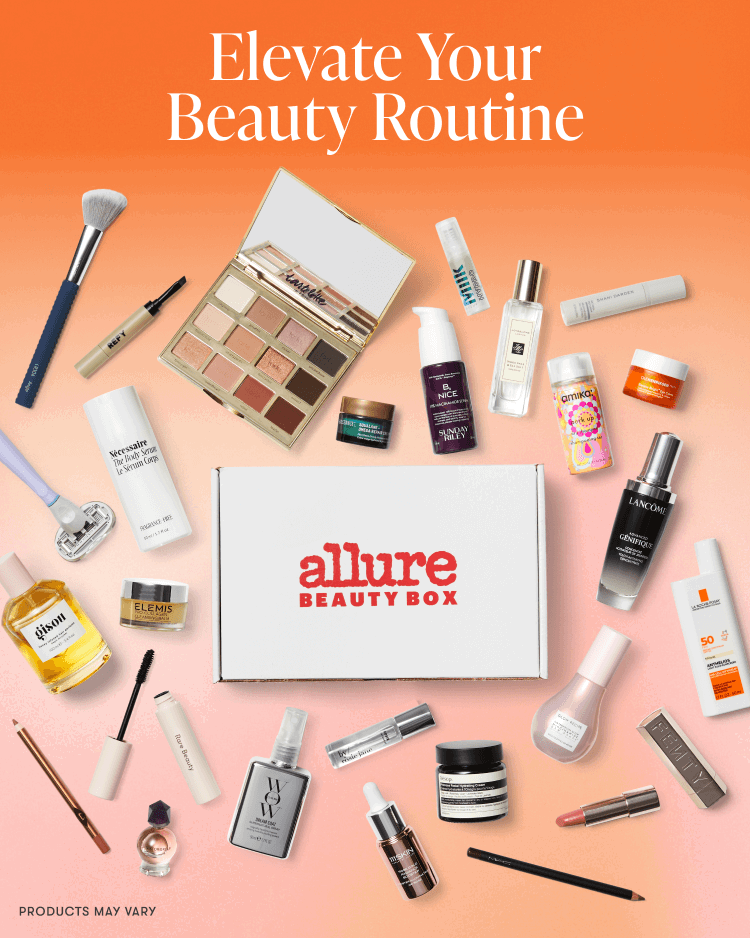 Elevate your beauty routine. Allure beauty box in the center surrounded by a several of beauty products.