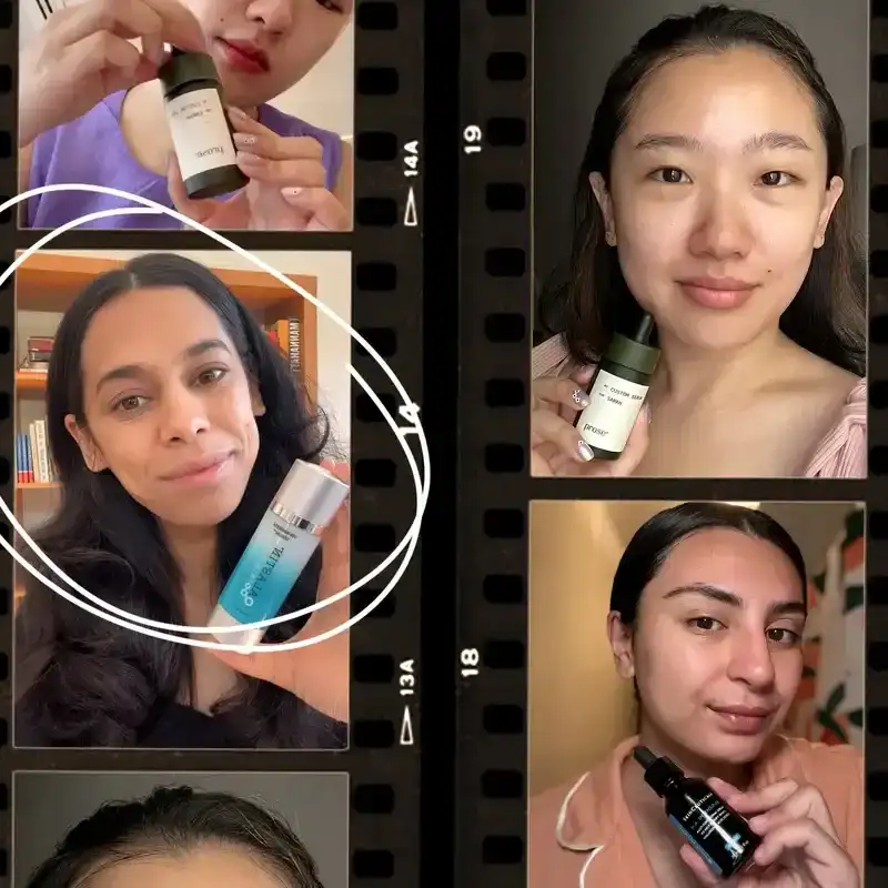 Hyaluronic Acid Serums: Multiple Allure editors applying different hyaluronic acid serums featured in a film roll-themed collage