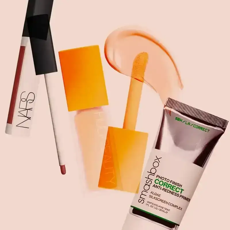 Best Color Corrector: a collage of Nars, Huda Beauty, and Smashbox products on a baby pink background