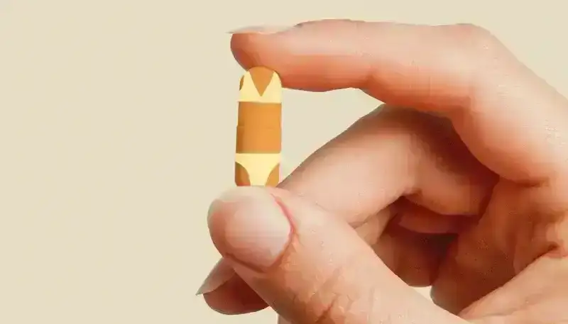 close up of a hand holding a tanning pill with fake tan lines