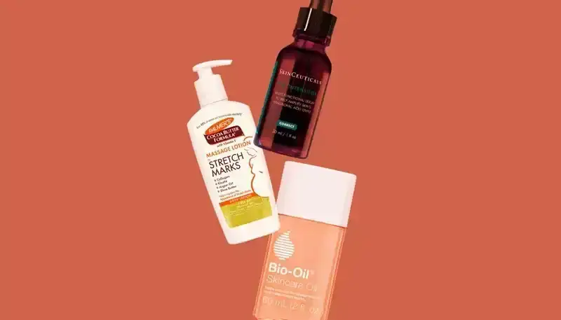 Best Stretch Mark Creams: a collage of SkinCeuticals, Palmers, and Bio-Oil on a red-orange background