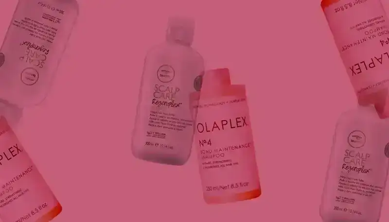 Shampoos for Thinning Hair: a collage of Paul Mitchell and Olaplex shampoos on red background