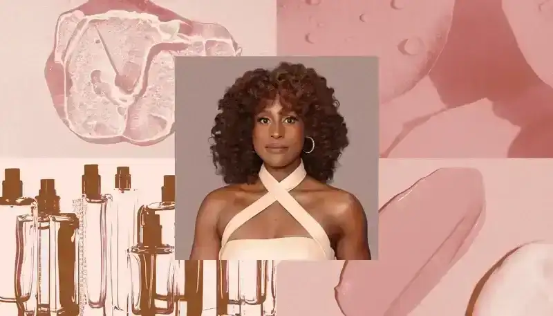 Image of Issa Rae in front of graphic background.