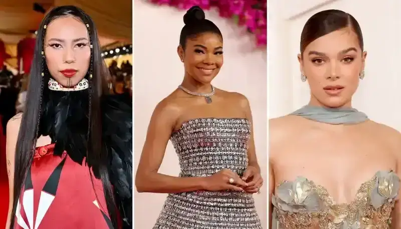 photos of quannah chasinghorse, gabrielle union, and hailee steinfeld at the 2024 oscars red carpet