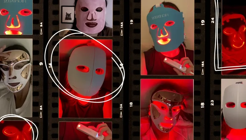 Film strips with images of people wearing cosmetic masks that illuminate with red light against their skin