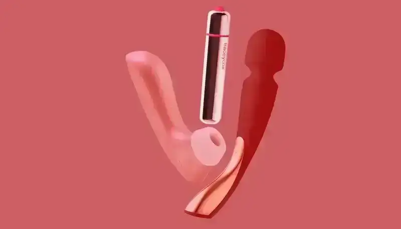 Best Sex Toys for Beginners: a collage of Satisfyer, Tracey Cox, and LELO sex toys on a red background