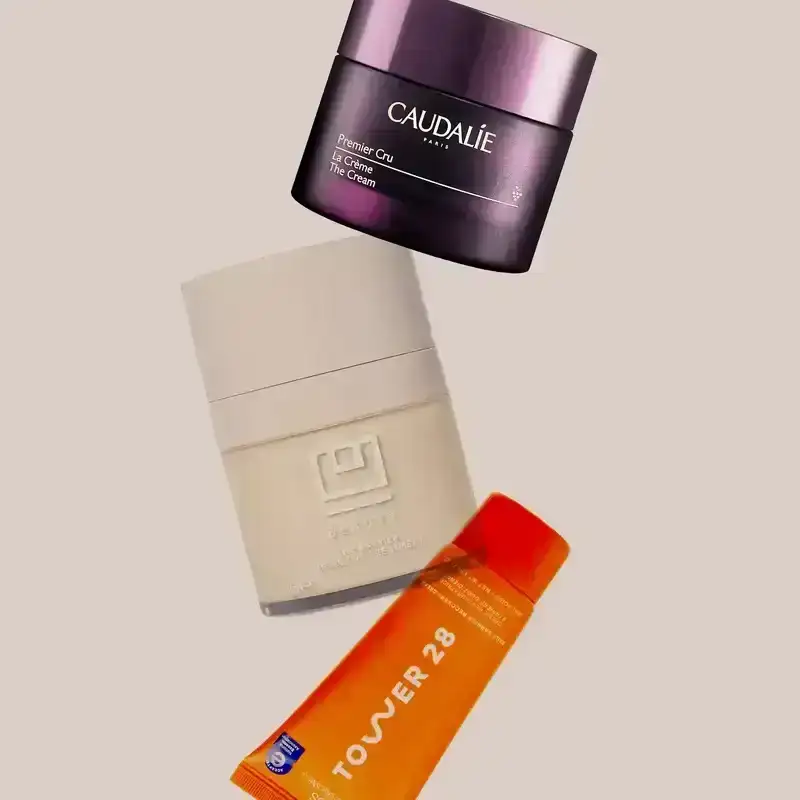 Best Barrier Repair Cream: a collage of Caudalie, U Beauty, and Tower 28 moisturizers on a light gray background