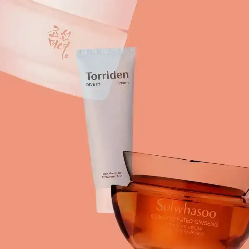 Best Korean Moisturizer: a collage of Beauty of Joseon, Torriden, and Sulwhasoo moisturizers on a peach background