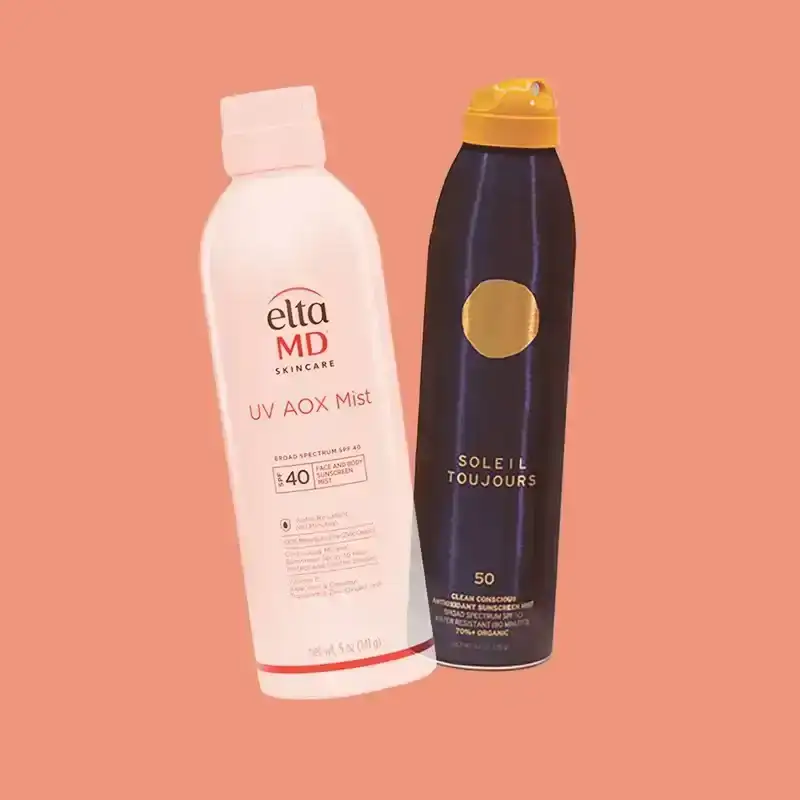 Best Body Sunscreens 2024: Bottles of sunscreen from Soleil Toujours, EltaMD, and Vacation on a light peach-colored background