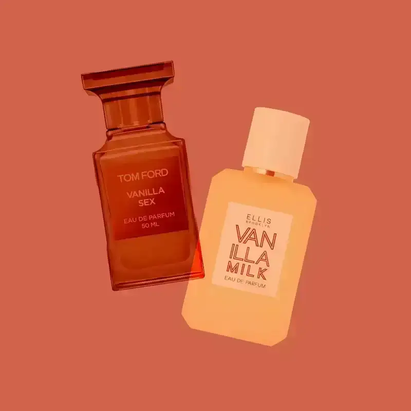 Best Vanilla Perfumes: Perfume bottles from Ellis Brooklyn, Tom Ford, Jo Malone London, and Chanel on a dark peach-colored background