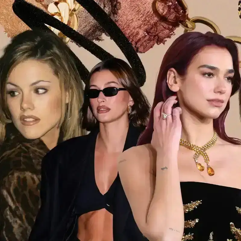 A collage of five celebrity women in glamorous makeup and hair.