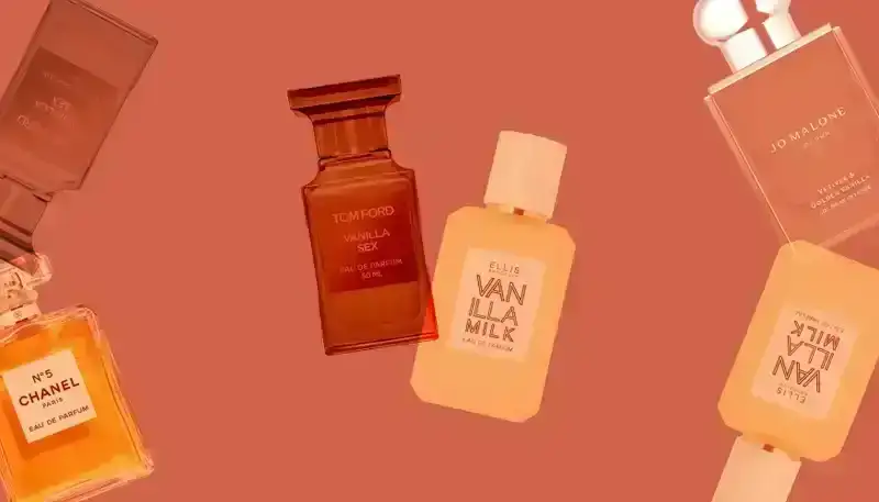 Best Vanilla Perfumes: Perfume bottles from Ellis Brooklyn, Tom Ford, Jo Malone London, and Chanel on a dark peach-colored background