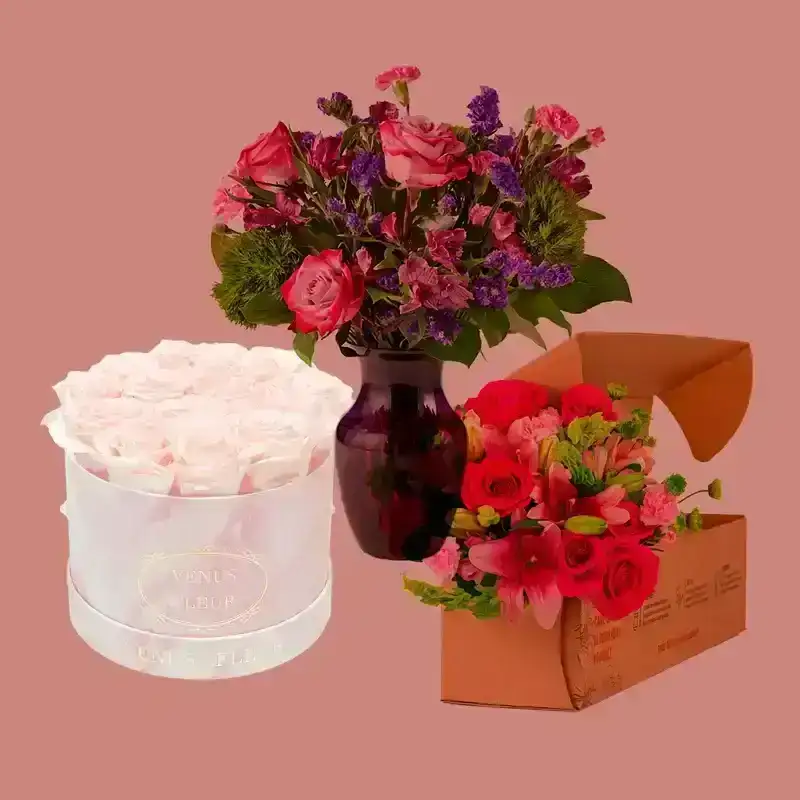 Three different bouquets of floral arrangements on a mauve background