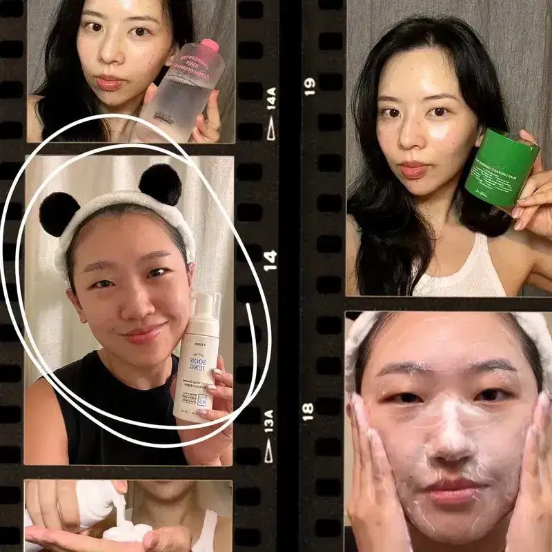 Film strips with images of people lathering their face by using facial cleansers or smiling and holding a product bottle