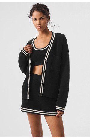 Tennis Club Sweater Knit Cardigan - Black/Ivory - Black/Ivory / XS