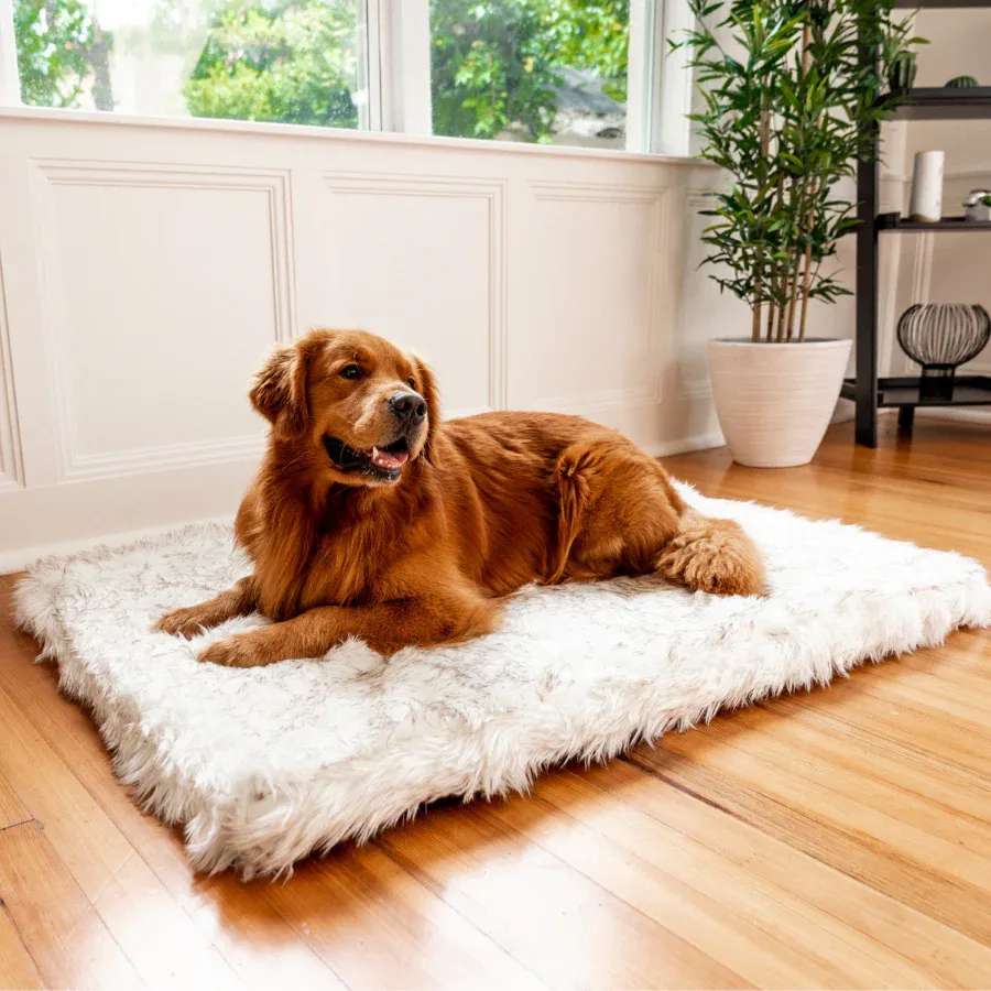 Image of PupRug™ Faux Fur Orthopedic Dog Bed - Rectangle White with Brown Accents