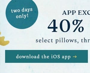 Two days only. App exclusive 40% off select pillows, throws, mugs, and more. Download the iOS app