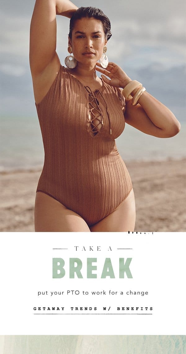 Woman wearing light brown bathing suit. Shop getaway trends.