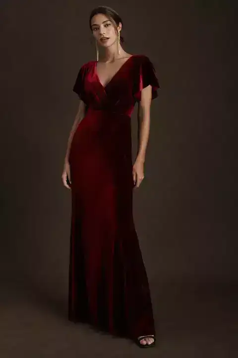 Jenny Yoo Ellis Flutter-Sleeve Open-Back Stretch Velvet Gown