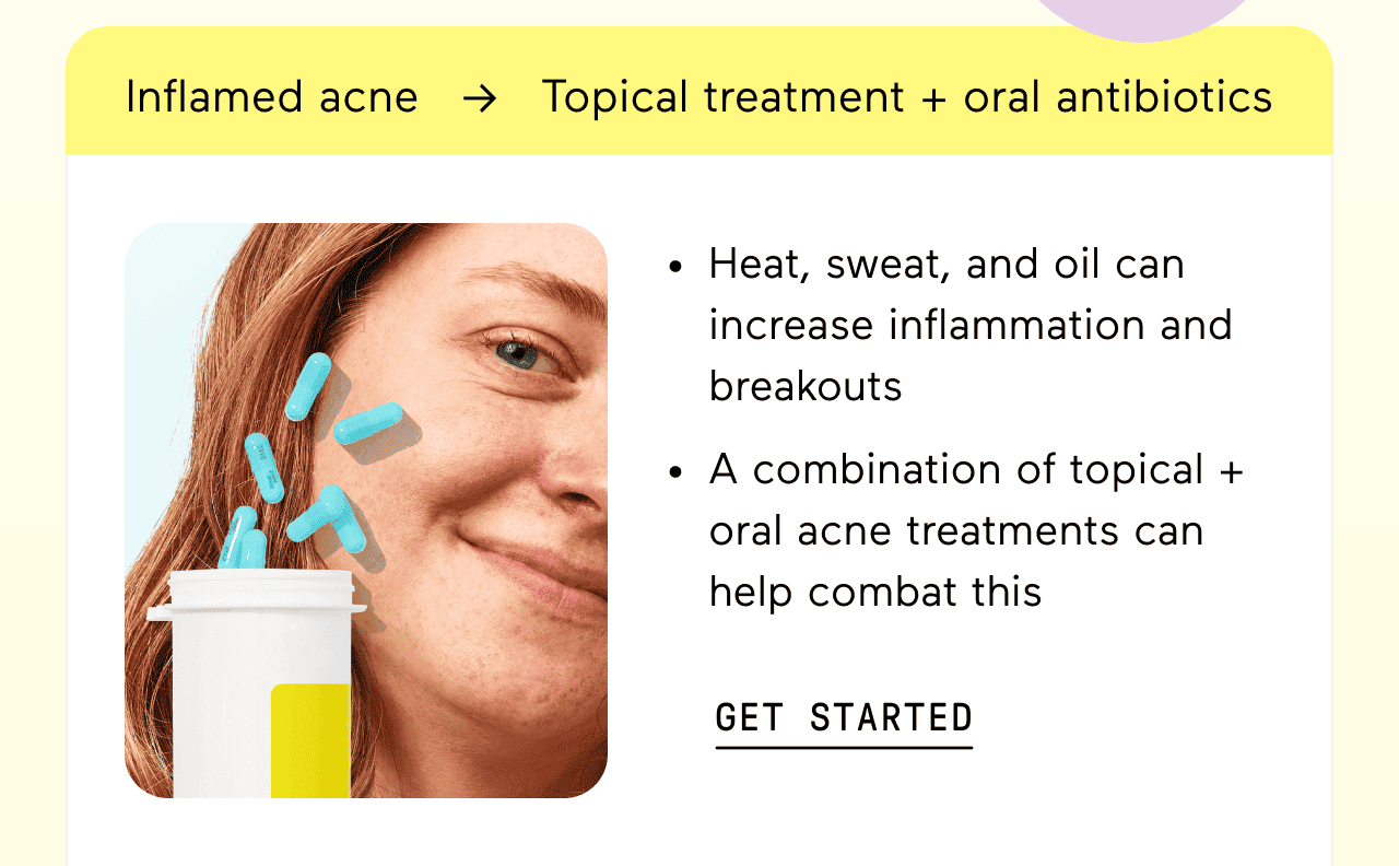 Inflamed acne → Topical treatment + oral antibiotics. Heat, sweat, and oil can increase inflammation and breakouts. A combination of topical + oral acne treatments can help combat this. Click here to get started