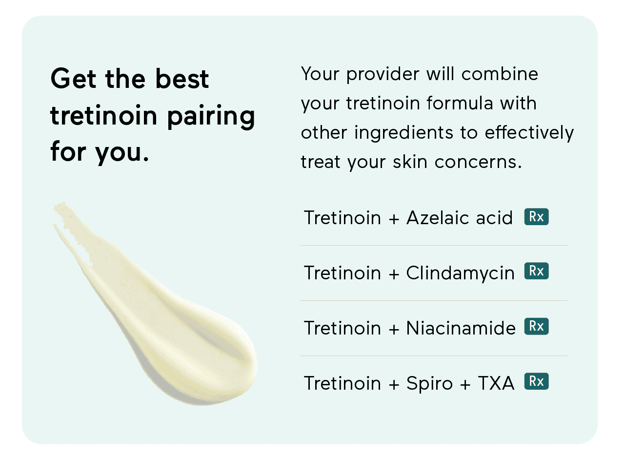 Get the best tretinoin pairing for you. Your provider will combine your tretinoin formula with other ingredients to effectively treat your skin concerns. Tretinoin + Azeliac acid RX. Tretinoin + Clindamycin RX. Tretinoin + Niacinamide RX. Tretinoin + Spironolactone + TXA RX.