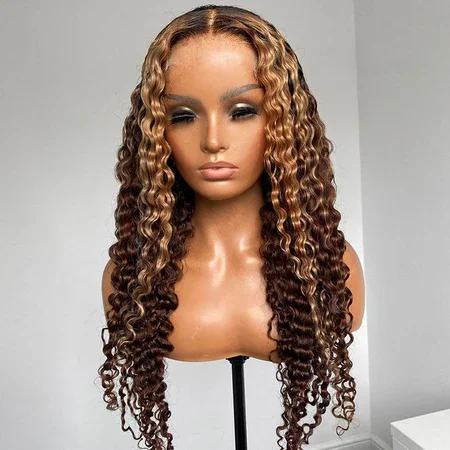 Glueless Closure Lace Wig with Honey Blonde Piano Highlights - Natural Wave Curly Wig Style