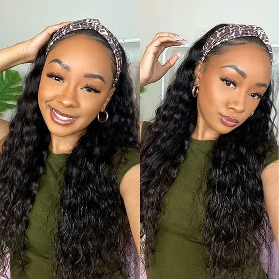 22&quot; Glueless Headband Water Wave Full Machine Made No Lace Human Hair Wig