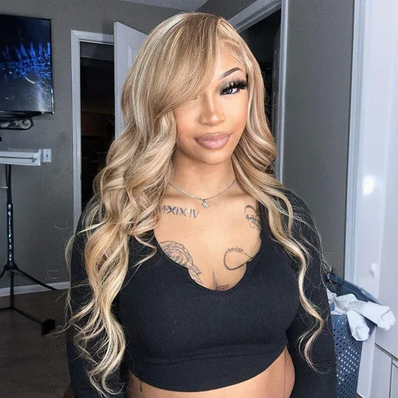 #12/613 Highlight 13x4 Lace Front Mixed Brown&amp;Blonde Color Straight/Body Wave Human Hair Wig