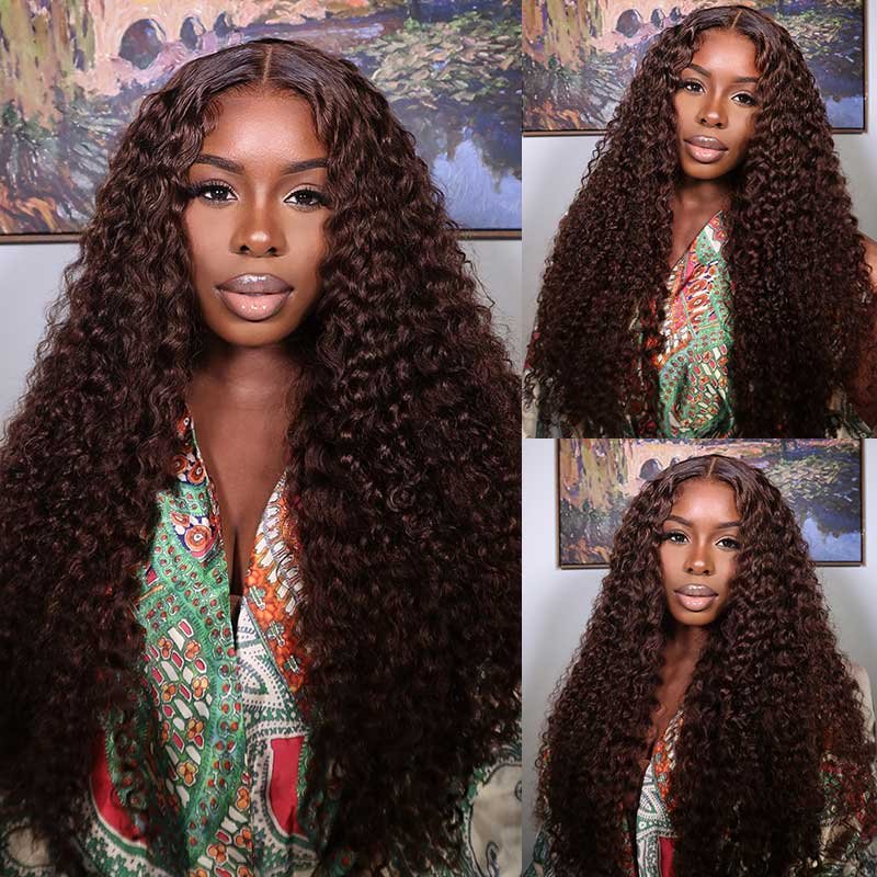 Glueless 13x4 Chestnut Dark Brown Lace Front Deep Wave Glueless Wig Pre Plucked Human Hair Wigs