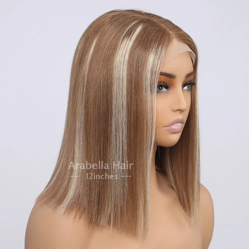 13x4 Lace Front Mixed Brown & Blonde Color Straight Human Hair Wig - Straight / 12(bob haircut)