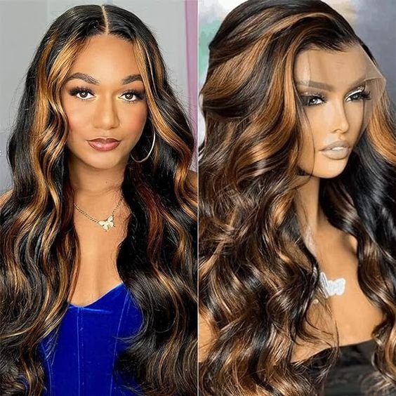 16" 360 Full Lace Frontal Body Wave Highlight #30 Colored Human Hair Wig