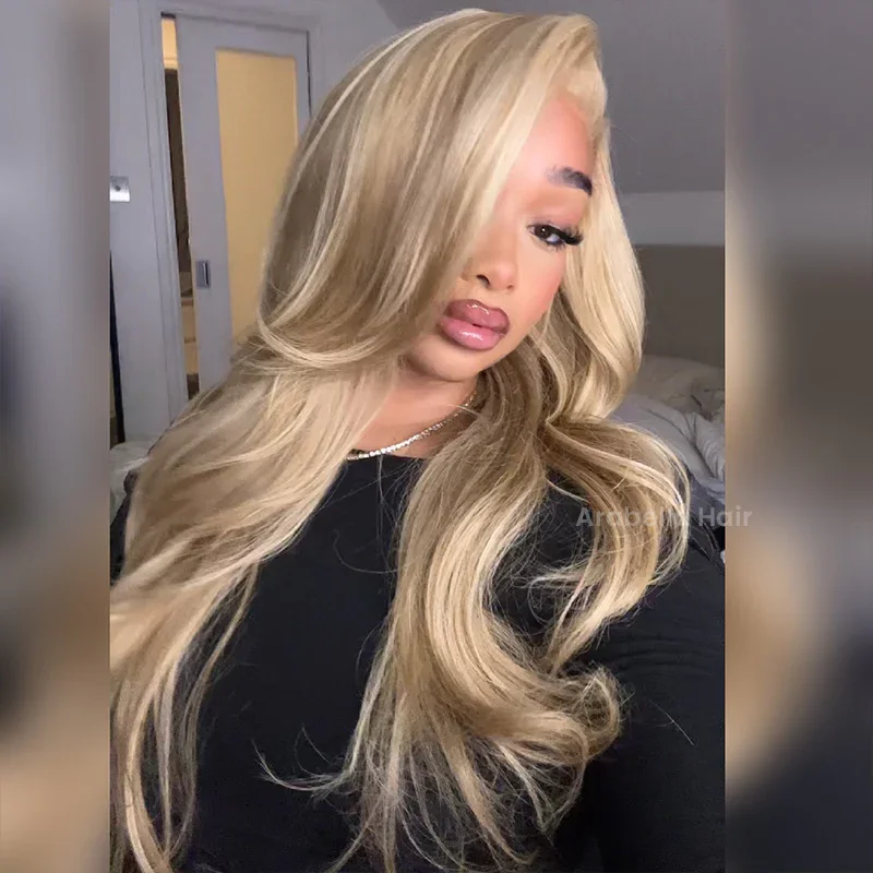 Wavy Blonde Khaki Style 13x4 Lace Front Mixed Brown and Blonde Highlights Color Human Hair Wig