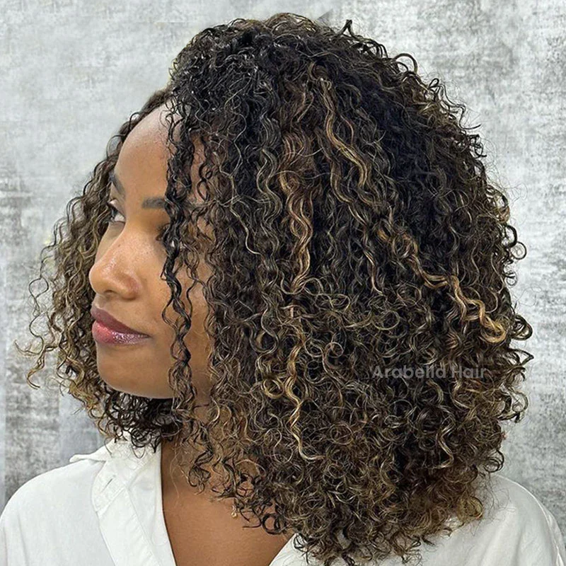 Minimalist Balayage Colored Short Bob Curly Highlight Color Human Hair Wig