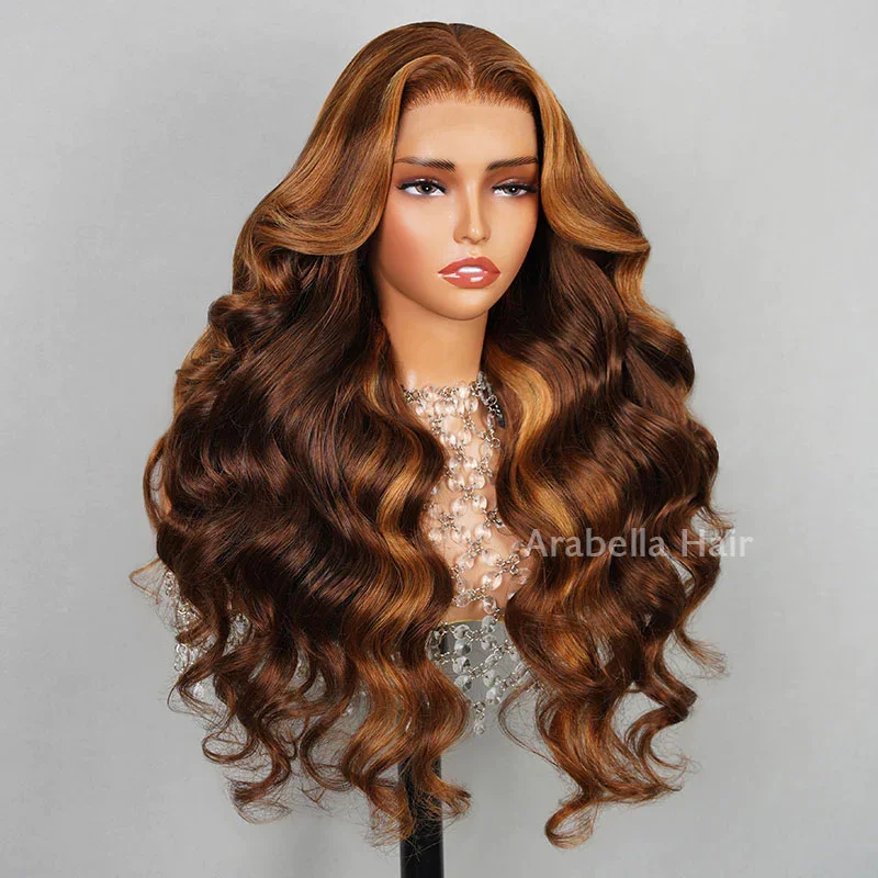 13x4 Lace Front Dark Brown With #30 Highlight Color Body Wave Bleached Knots Human Hair Wigs