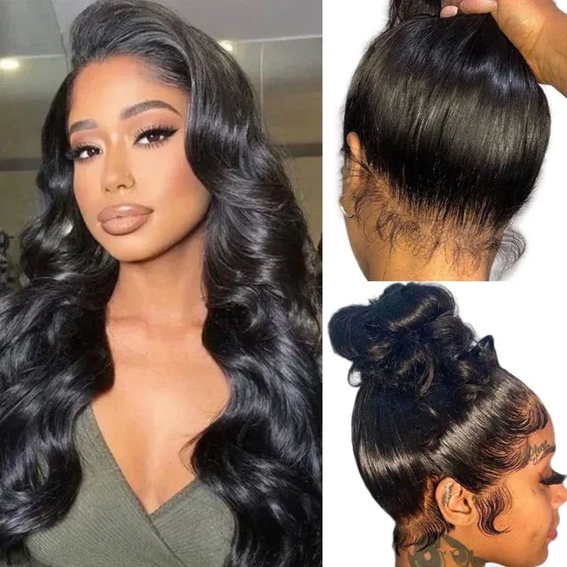 16" 360 Full Lace Frontal Body Wave Free Part Natural Black Human Hair Wigs