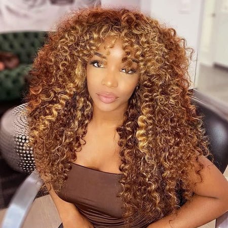 P4/27 Ombre Afro Kinky Curly Wig With Bangs Full Machine Made Wigs Remy Hair