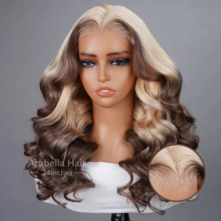 Glueless 6x5 Pre-Cut Lace Golden Blonde #30 Mix Deep Ash Blonde Color Loose Body Wave Middle Part Human Hair Wigs