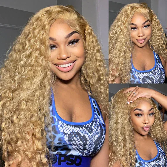 13x4 Lace #27 Light Brown Colored Wig Water Wave Curly Human Hair Wigs Free Part