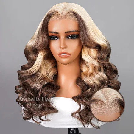 Glueless 6x5 Pre-Cut Lace Golden Blonde #30 Mix Deep Ash Blonde Color Loose Body Wave Middle Part Human Hair Wigs