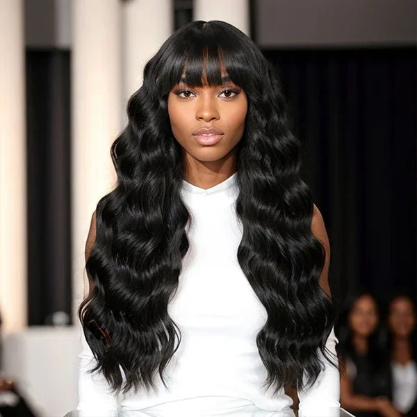 30&quot; Long Length Body Wave With Bangs Glueless Wig Non-Lace Machine Made Natural Black Protective Style Human Hair Wigs