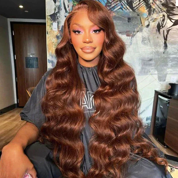 30&quot; 13x4 Lace Front #4 Chestnut Brown Color Body Wave Human Hair Wig Long Length Wigs with C-Part Design