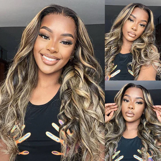 [flash sale]18&quot; 13x4 Glueless Front Balayage Highlights Colored Body Wave Human Hair Wigs