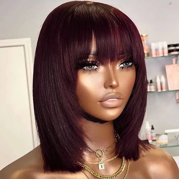 Reddish Purple Layered Cut Straight Bob Wig with Bangs - Non-Lace Machine Made Colored Human Hair Wigs