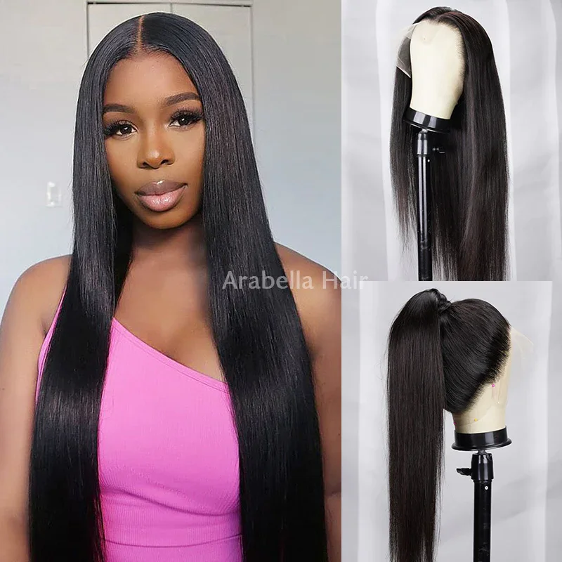 360 Lace Frontal Natural Black Long Straight Wig Free Part Ponytail Style Human Hair Wig -Arabella Hair