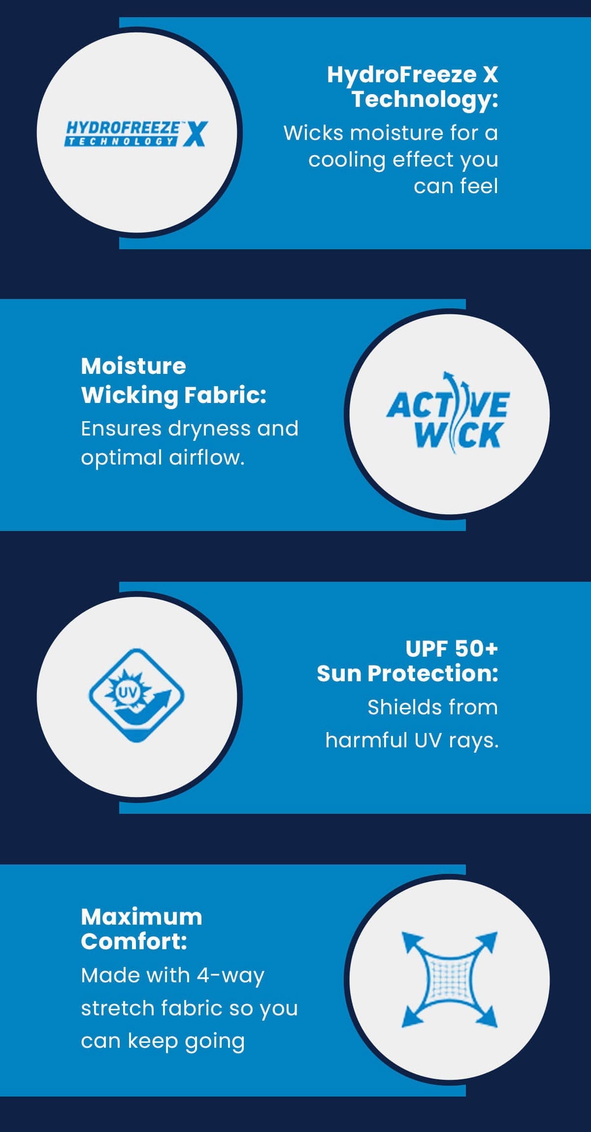 HydroFreeze X Technology: Wicks moisture for a cooling effect you can feel Moisture Wicking Fabric: Ensures dryness and optimal airflow. UPF 50+ Sun Protection: Shields from harmful UV rays. Maximum Comfort: Made with 4-way stretch fabric so you can keep going