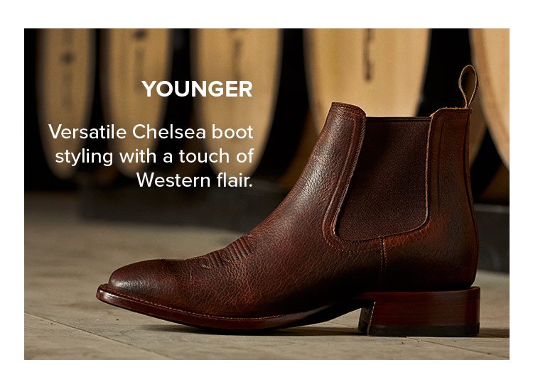 YOUNGER | Versatile Chelsea boot styling with a touch of Western flair.