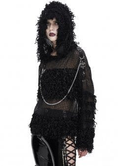 Punk Distressed Sheer Sweater with Hood & Chain