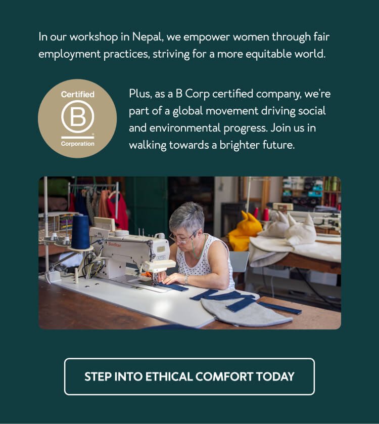 In our workshop in Nepal, we empower women through fair employment practices, striving for a more equitable world. Plus, as a B Corp certified company, we're part of a global movement driving social and environmental progress. Join us in walking towards a brighter future.